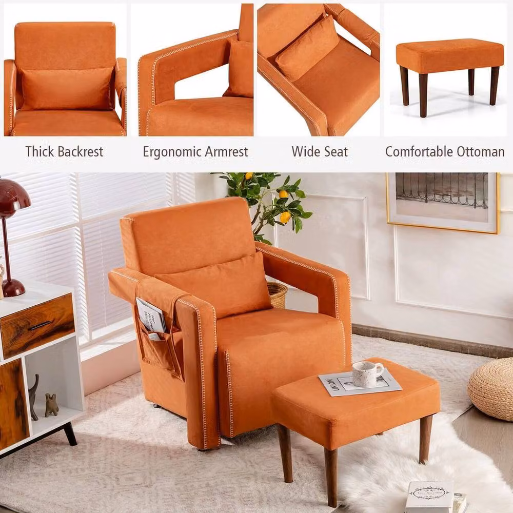 FORGEVIO Modern Orange Fabric Accent Sofa Chair with Ottoman and Solid Wood Frame – 3