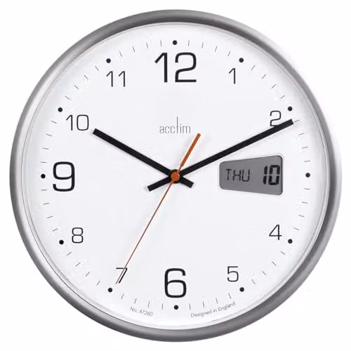 Acctim Kalendar Silver Round Wall Clock with Silent Quartz Movement and Digital LCD Display, Diameter: 27 cm