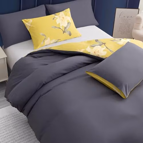 Pamposh Super King Duvet Set, Floral Brushed Microfibre Bedding with Pillowcases, Grey or Yellow, W: 220 cm x L: 260 cm – 3