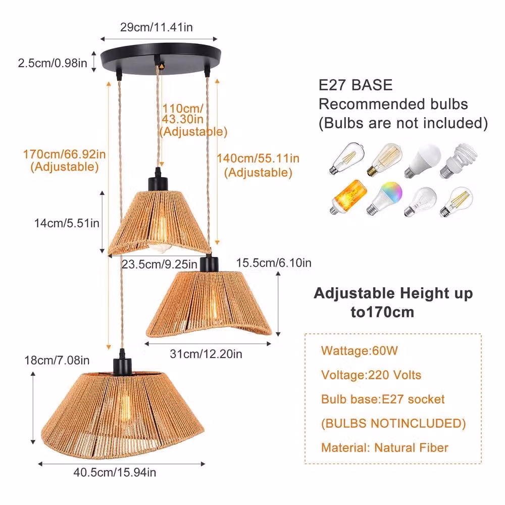 NIVOR Industrial 3 Light Rattan Farmhouse Boho Cluster Adjustable Pendant Light in Brown – 2
