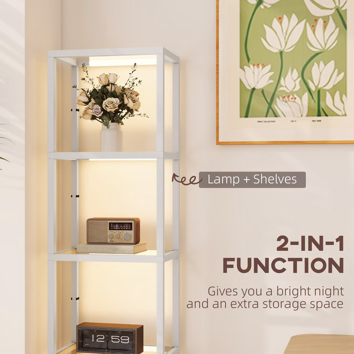 HOMCOM Dimmable LED Floor Lamp with 4 Glass Shelves in Grey and Wood – 2