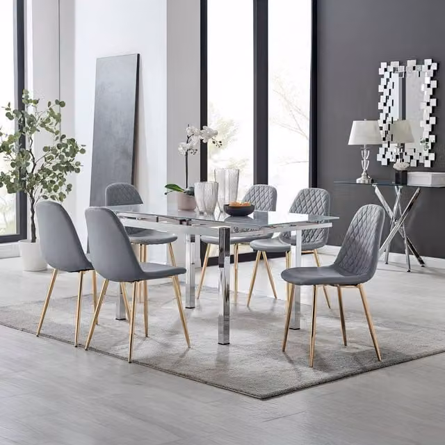 Furniturebox Enna White Glossy Glass Extending Dining Table and 6 Corona Gold Leg Chairs in Grey