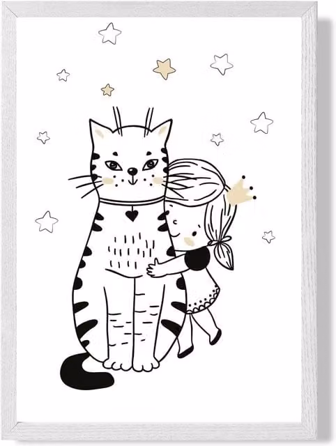 ARTZE Scandi Princess Little Hugging Cat Framed Print, Black and White Illustration, A2