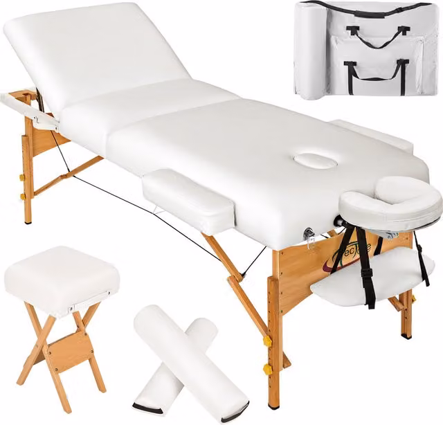 tectake 3-Zone Massage Table with Padding Rolls and Stool in White