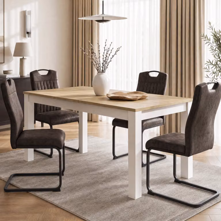 DHS Industrial Extendable Rectangular Dining Table in Brown, Black and White with Butterfly Leaf
