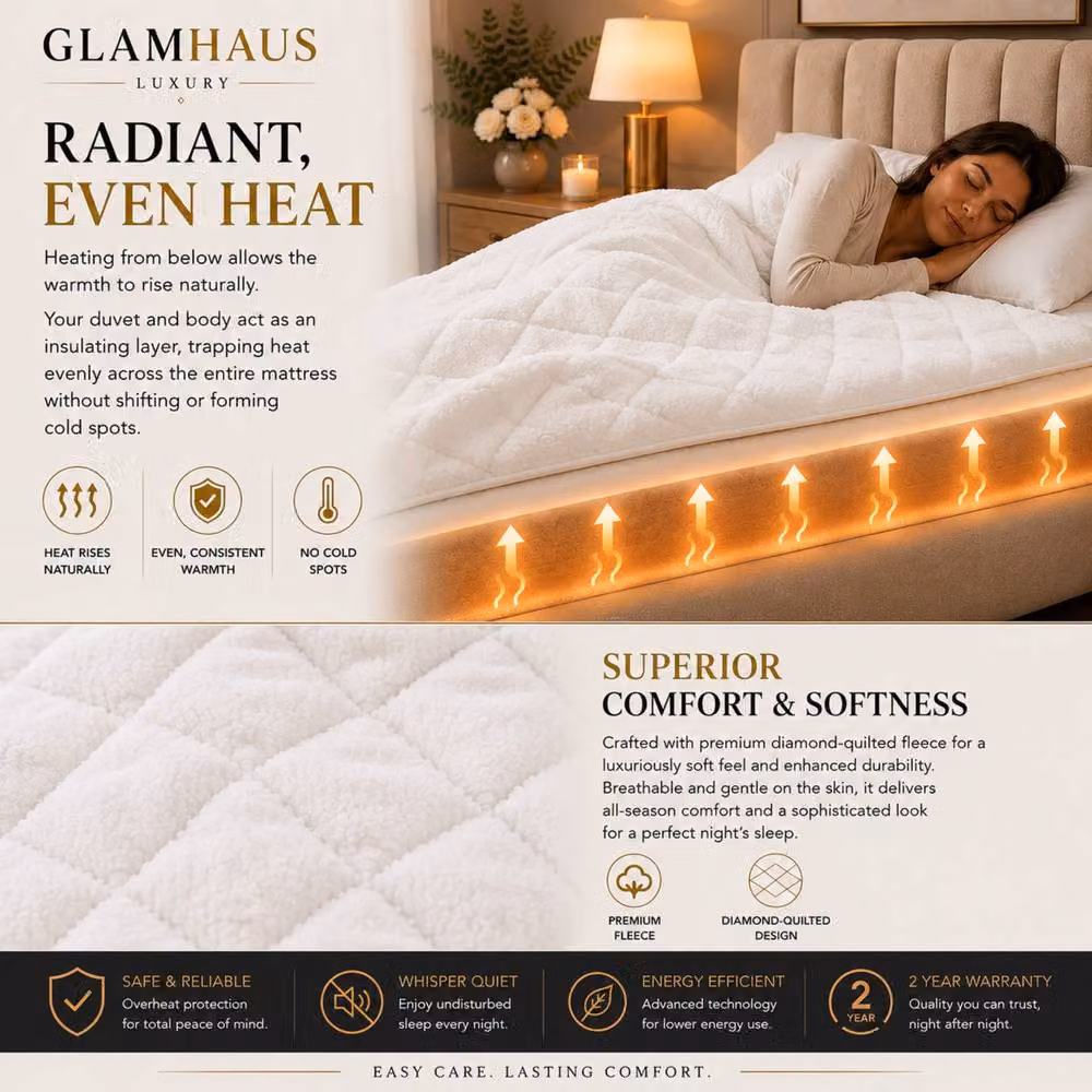 Glamhaus Single Fleece Electric Blanket in White with 9 Heat and 10 Timer Settings – 3