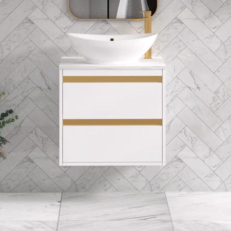 Royal Bathrooms Orion 600mm Matt White Wall Hung 2 Drawer Vanity Unit with Amaze Basin and Brushed Brass Accent Trim