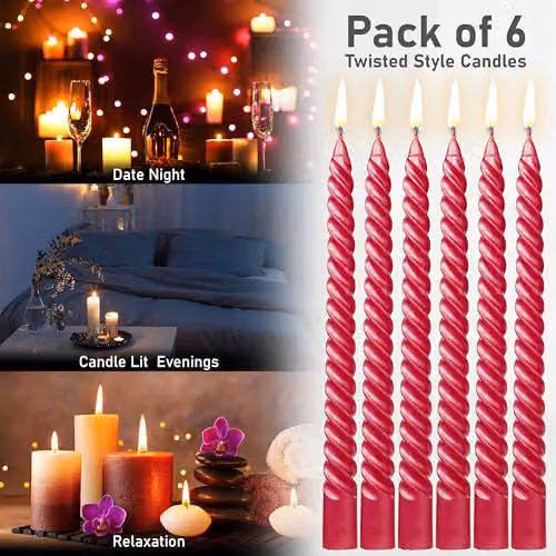 Deco Express Non-Scented Twisted Non-Drip Dinner Candles, Metallic Red, Pack of 6 – 6