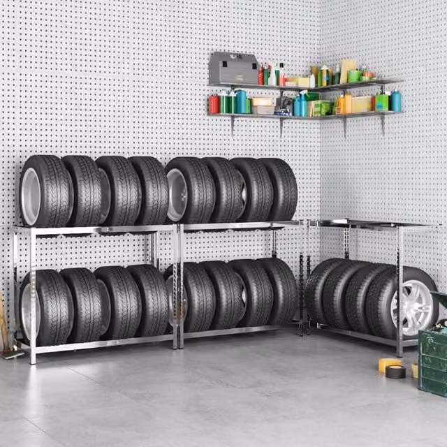 Berkfield Home 2-Layer Silver Steel Tire Rack with Adjustable Shelves, W/D/H: 110 x 40 x 110 cm – 1
