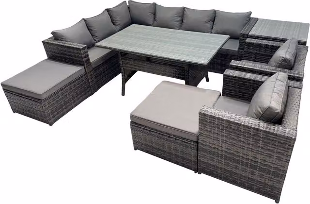Fimous Outdoor PE Rattan Sofa and Dining Set in Dark Grey Mixed