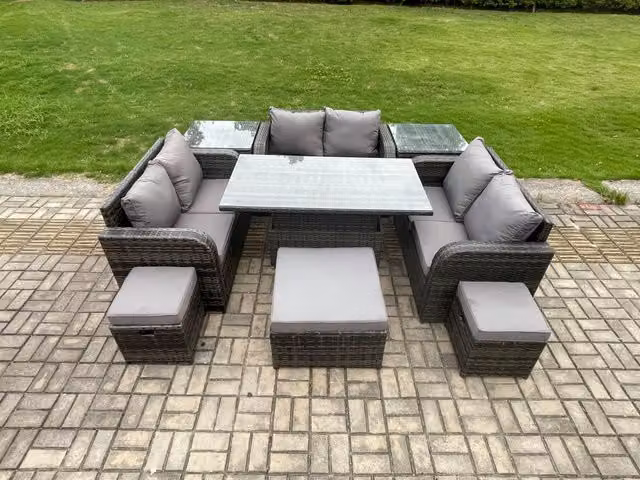 Fimous 3 Piece Rattan Garden Furniture Set with Height Adjustable Dining Table, 2 Side Tables and 3 Footstools in Dark Grey