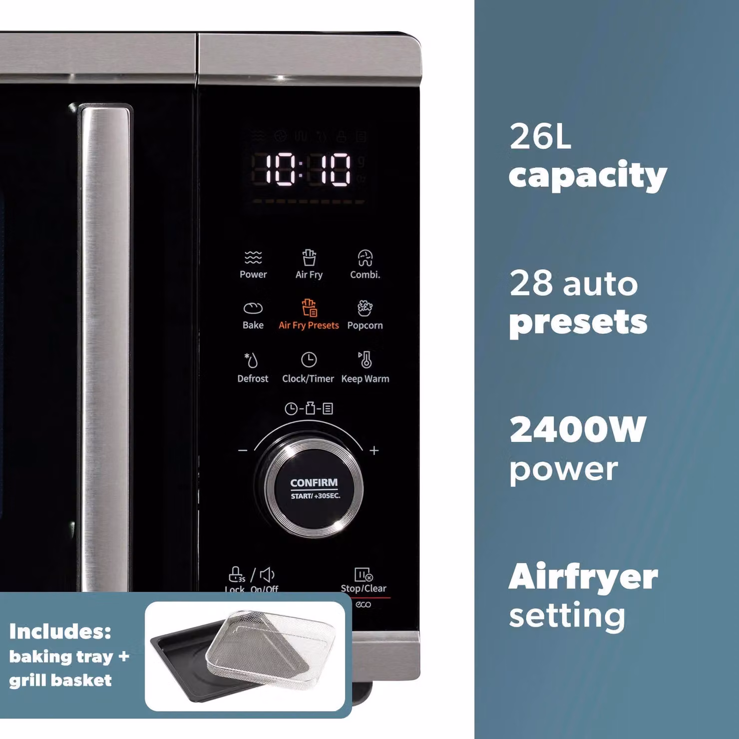 Daewoo 26L Air Fryer Microwave Combi with 900W Power and 10 Power Levels in Metallic Silver and Black – 4