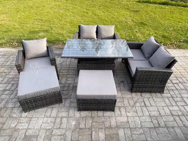 Fimous 7 Seater Wicker Rattan Garden Furniture Set with Height Adjustable Rising Table, Double Seat Sofas, Armchairs and 2 Footstools in Dark Grey Mixed