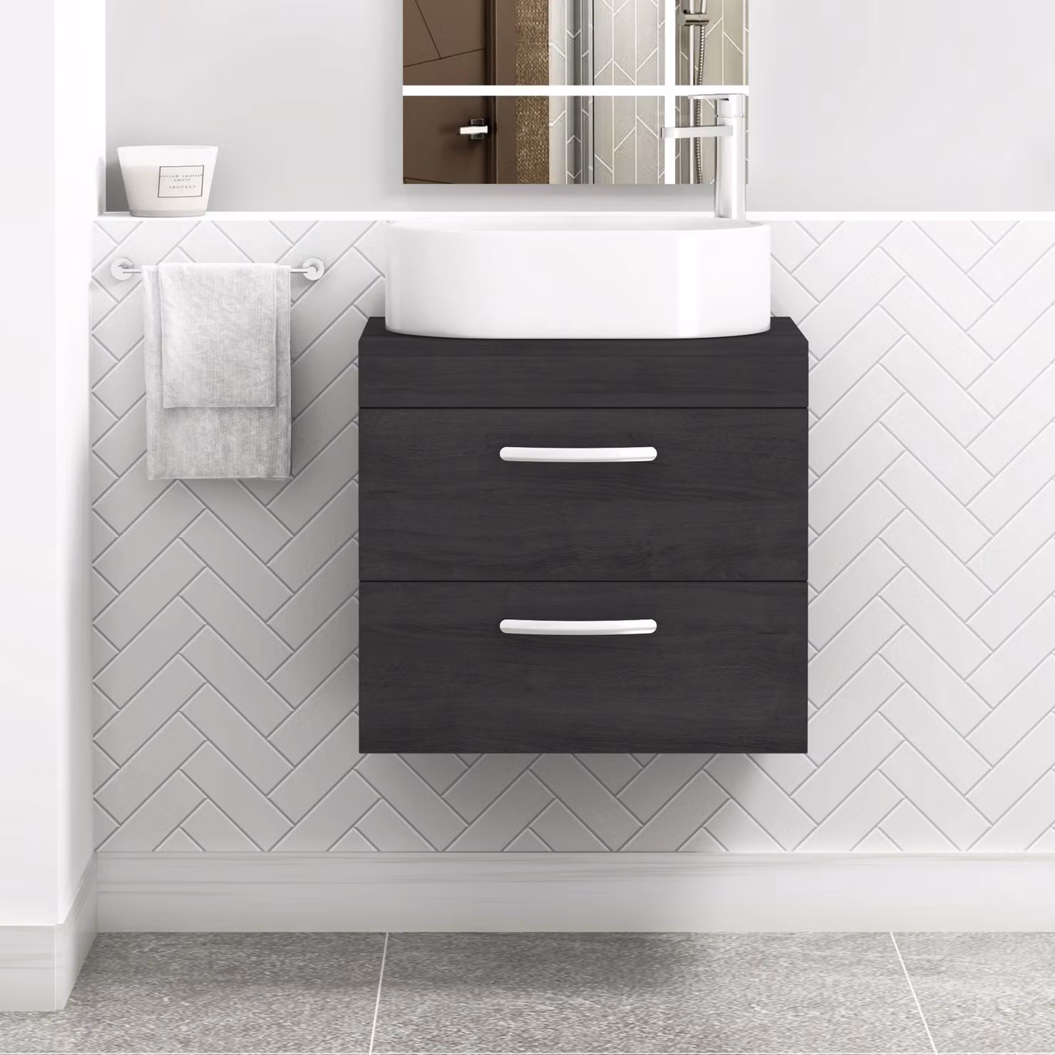 Royal Bathrooms Turin 600mm Wall Hung Vanity Unit with 2 Drawers and Countertop Basin in Matt Hale Black