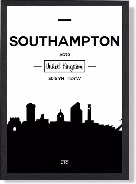 ARTZE Southampton Black and White City Skyline Framed Paper Poster in Black Frame, A4