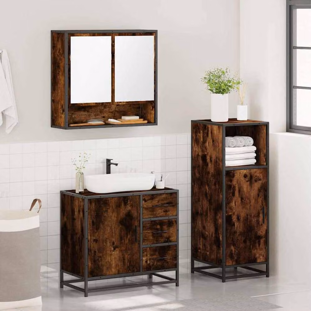 Berkfield Home 3 Piece Industrial Bathroom Furniture Set in Smoked Oak Brown featuring Mirror Cabinet, Vanity Unit and Tall Cabinet – 3