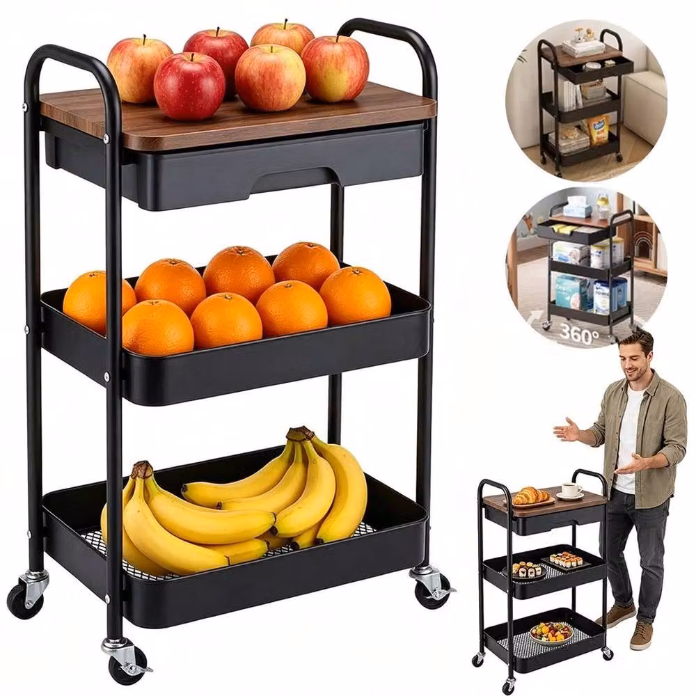 EONLION Black Metal Kitchen Island Trolley with Drawer and 200lbs Load Capacity, Width: 100 cm – 5