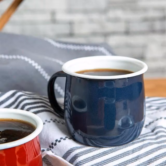 Argon Tableware Coloured Enamel Belly Mugs, 375ml, Set of 6, Navy and Grey/Blue