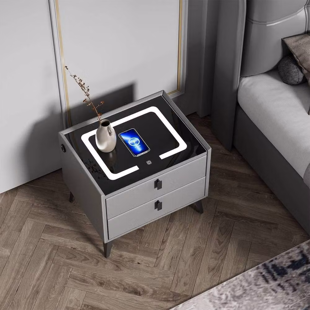 VOGREX Grey Modern Bedside Table with 2 Drawers and Integrated LED Lighting – 3