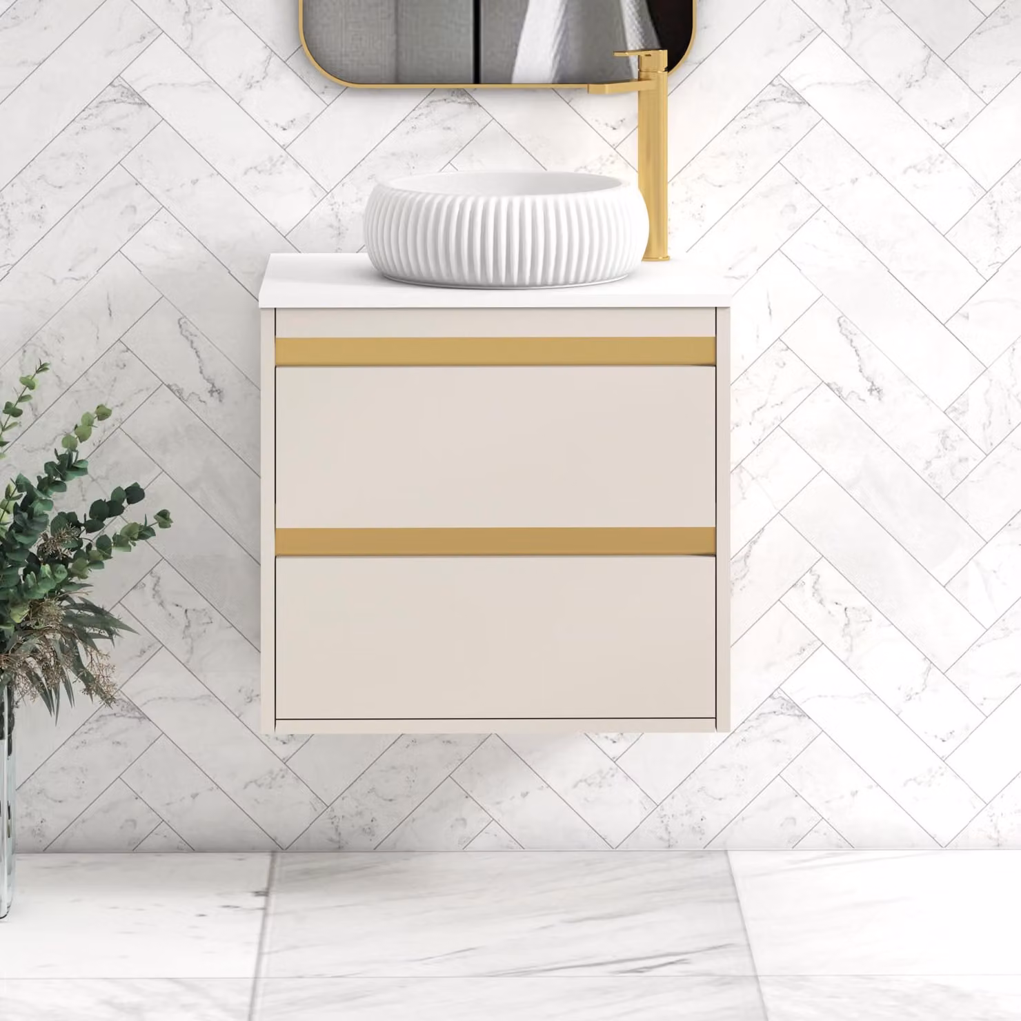Royal Bathrooms Orion 600mm Warm Taupe Wall Hung 2 Drawer Vanity Unit with Milan White Basin and Brushed Brass Trim