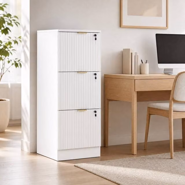 STILVORA White Lacquered Filing Cabinet with 3 Lockable Drawers, W/D/H: 40 x 40 x 101 cm – 1