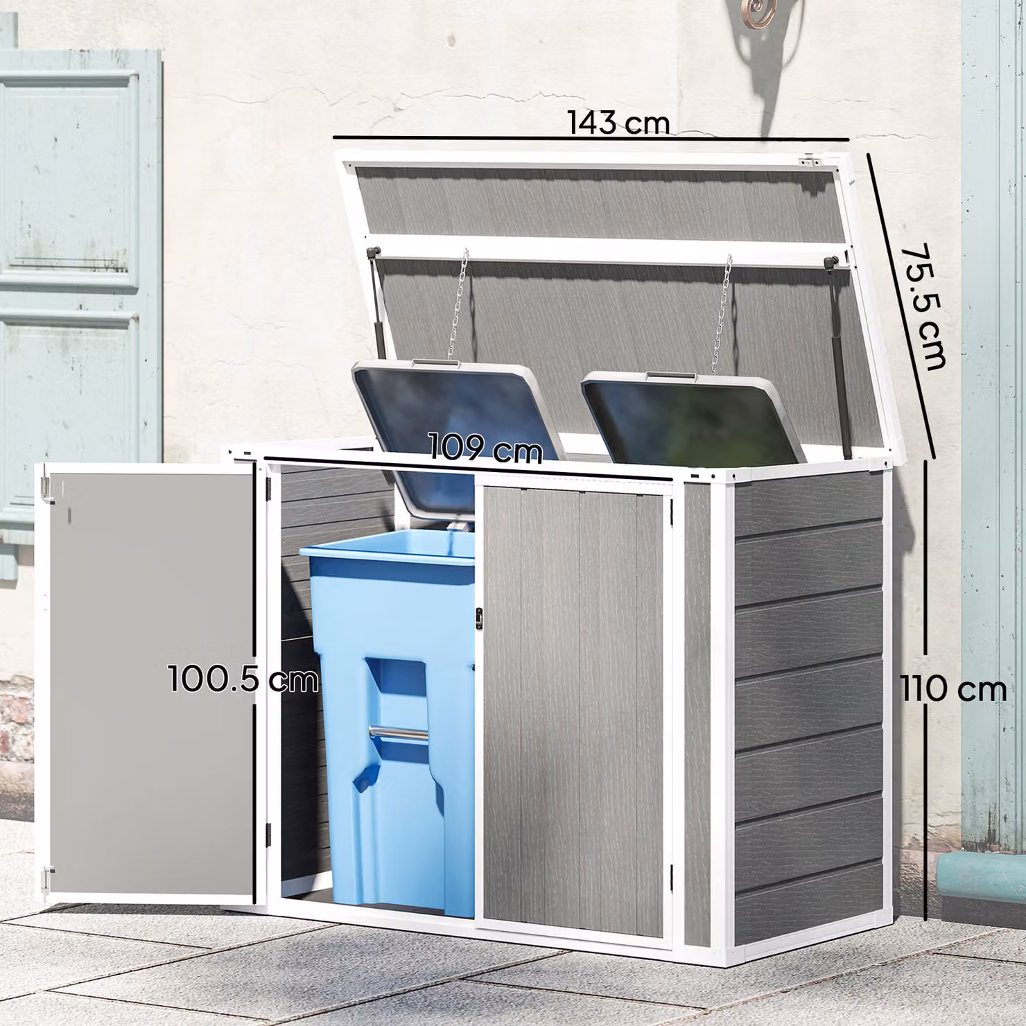 Outsunny Grey Garden Bin Store with Lockable Double Doors and Openable Lid – 2