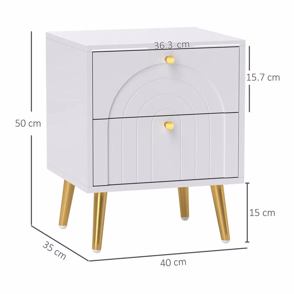 STILVORA Set of 2 Modern Bedside Tables with 2 Drawers in White and Gold – 3