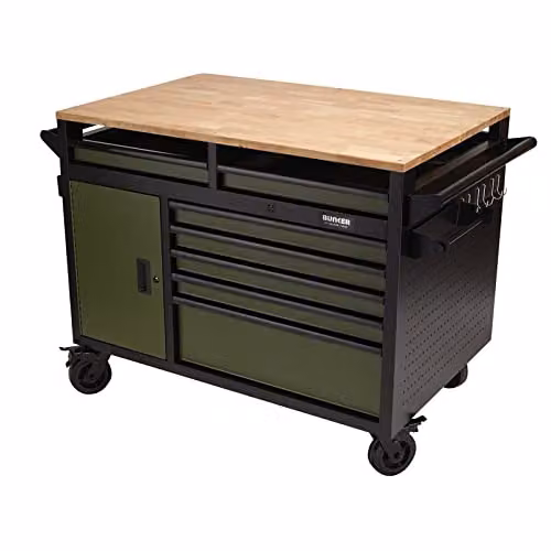 Draper BUNKER 08269 Multi-Functional Workbench Roller Tool Cabinet with 14 Drawers, Green and Black