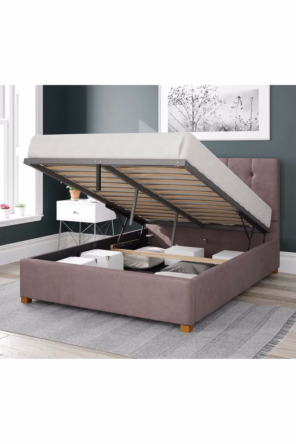 Aspire Hepburn Upholstered Ottoman Storage Bed in Pink Velvet Fabric, W/D/H: 200 x 165 x 190 cm (Super King) – 2