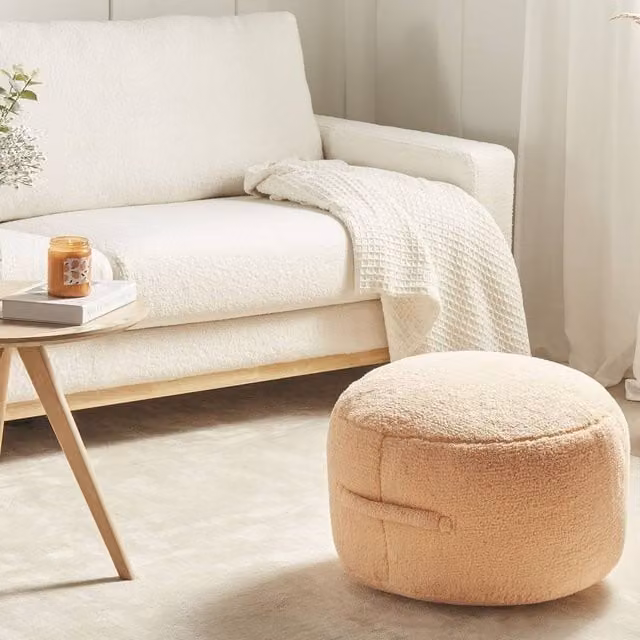 Wyld and Coco Orange Bouclé Cylindrical Pouffe, W/D/H: 50 x 50 x 30 cm