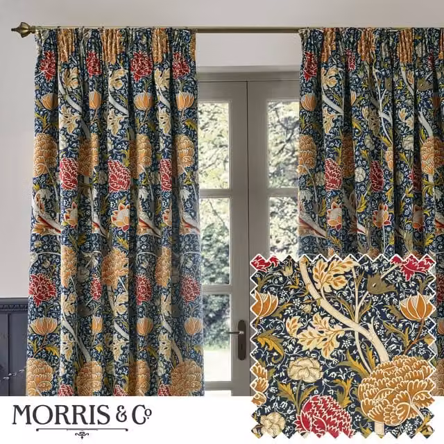 Morris & Co. Cray Floral Velvet Pencil Pleat Room Darkening Curtains in Indigo Blue, Width: 229 cm, Drop: 183 cm