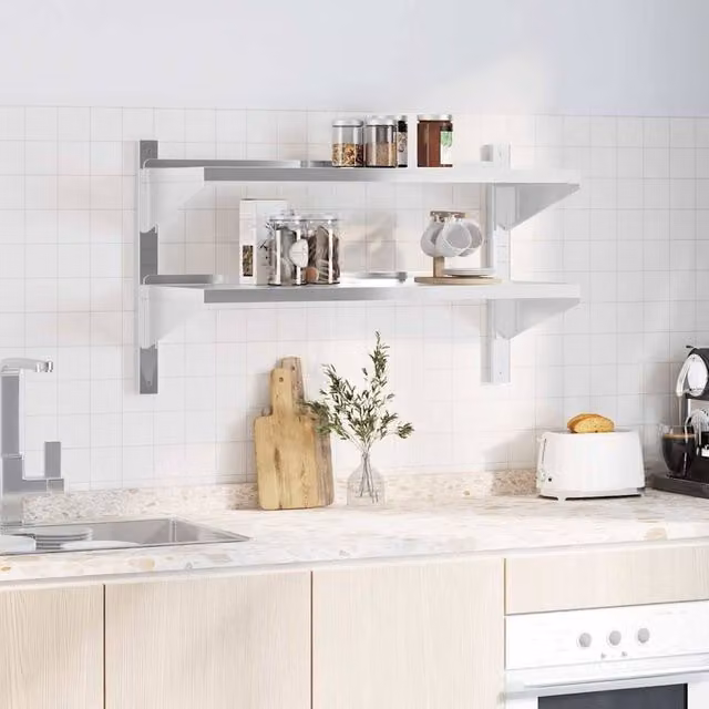 Berkfield Home 2-Tier Wall Mounted Metal Shelf in Silver, W/D/H: 100 x 40 x 60 cm