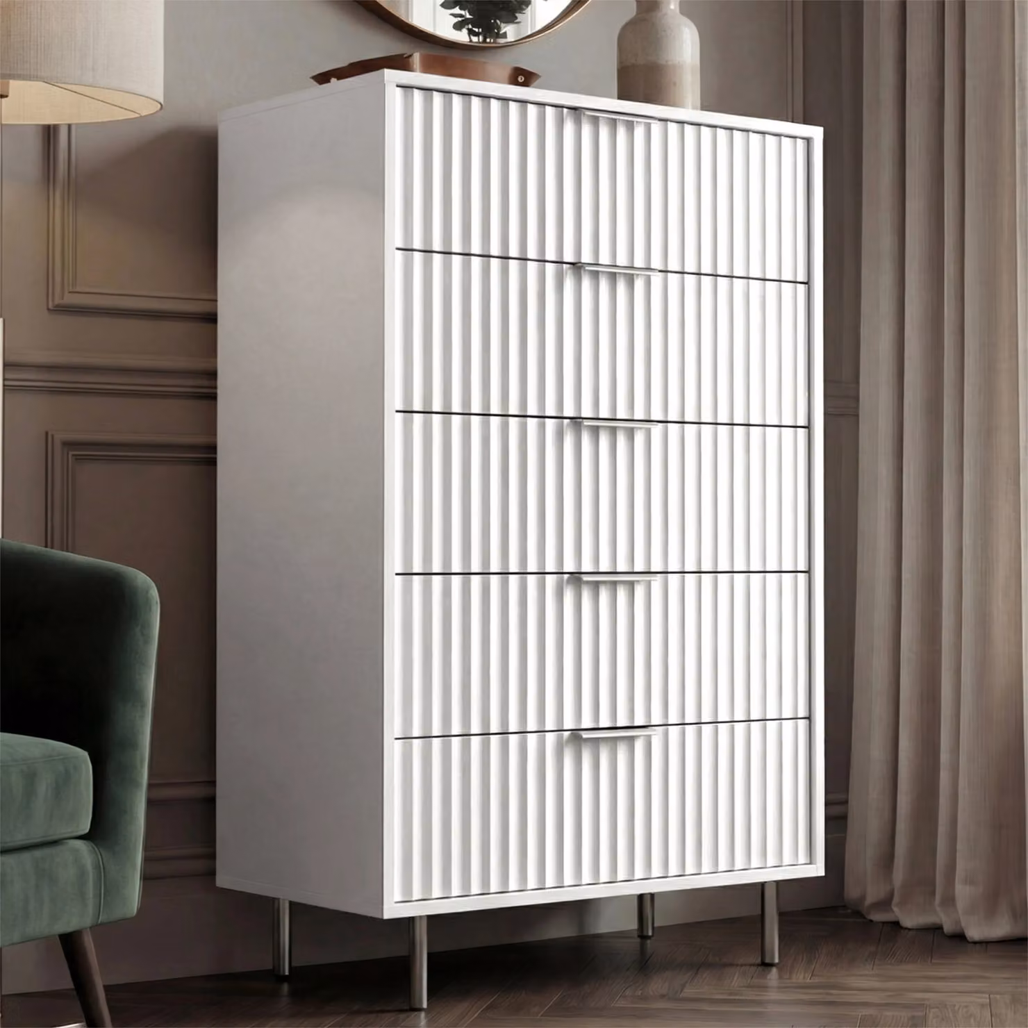 DHS Tall 5 Drawer Chest of Drawers with Fluted Design in White, H 120 x W 70 x D 40 cm