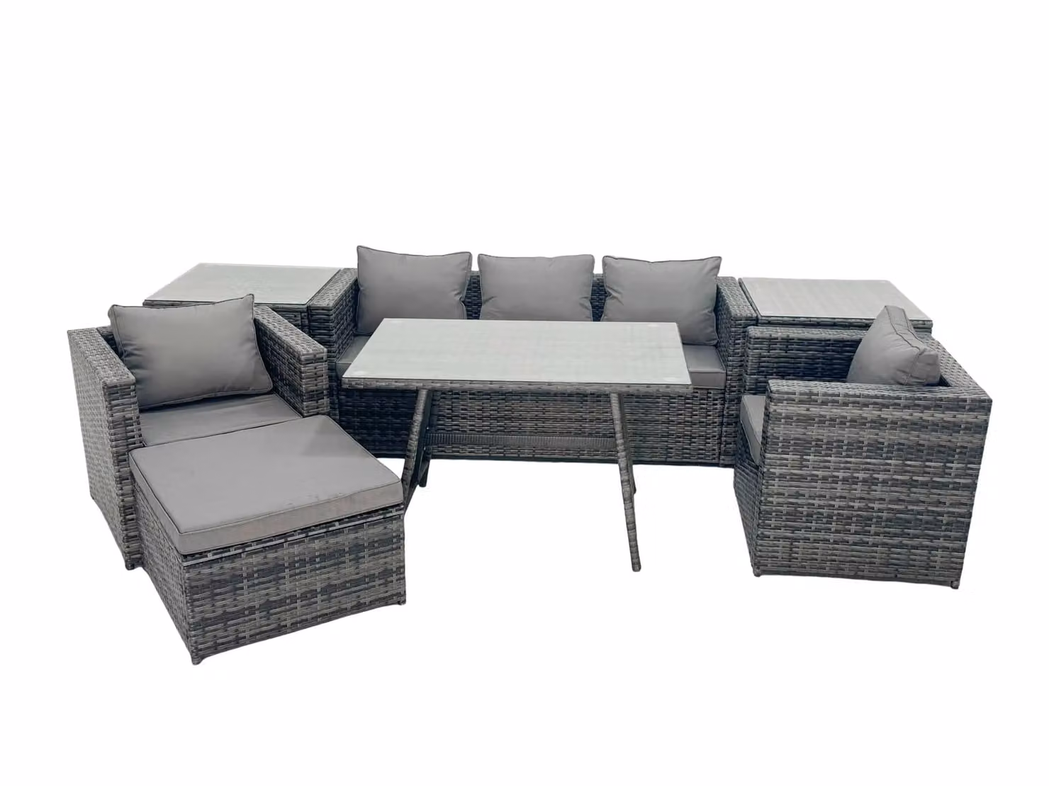 Fimous 6 Seater Rattan Garden Dining Set in Dark Grey with Oblong Table, 2 Side Tables and Large Footstool – 2