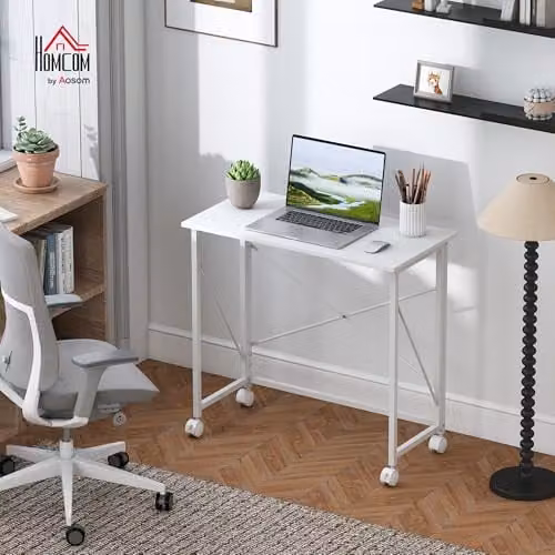 HOMCOM Small Folding Computer Desk in White with Castors, W/D/H: 80 x 40 x 75 cm – 2