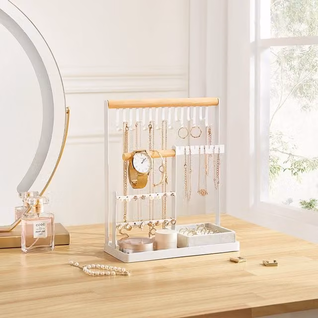 Livingandhome Freestanding White Jewelry Display Stand with Wood and Metal Shelf