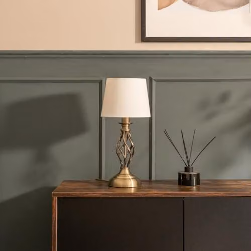 ValueLights Antique Brass Table Lamp with White Fabric Lampshade and LED Bulb – 2