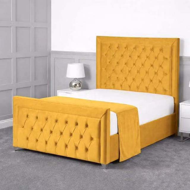Living Comfort Bedz Ember Velvet Upholstered Gas Lift Storage Bed in Yellow, Size: Double (W/D/H: 140 x 200 cm)