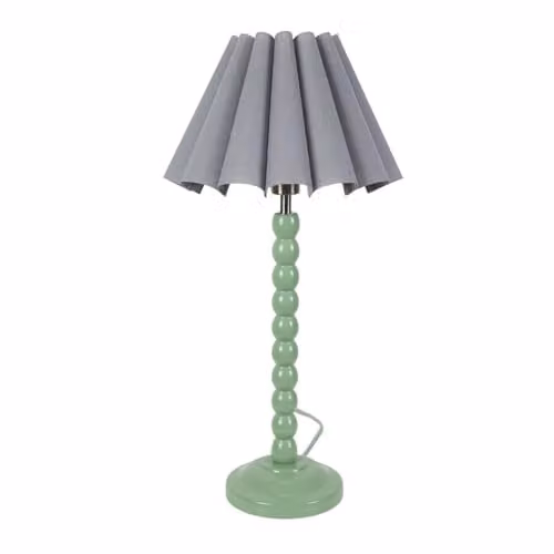 ValueLights Sage Green Bobbin Stem Table Lamp with Grey Pleated Tapered Shade and Included LED Bulb