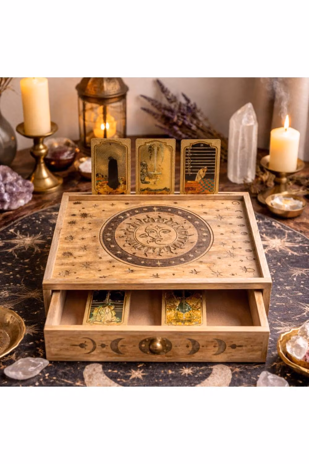 KDMD Sun Moon Carved Tarot Box with Drawer and Card Holder in Brown Wood – 3