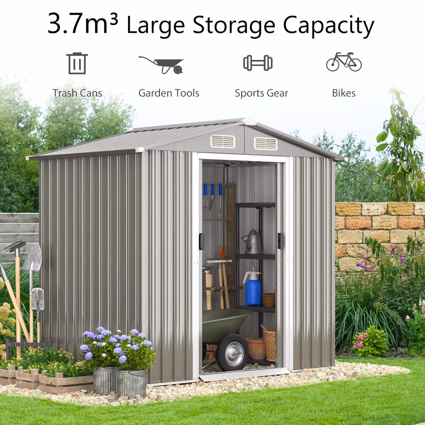 Gymax Galvanised Steel Outdoor Storage Shed with Lockable Sliding Door, Dark Grey, W: 182.88 cm, D: 129.0 cm, H: 186.0 cm – 2
