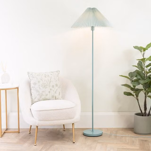 ValueLights Akira Slim Floor Lamp with Blue Fabric Pleated Shade and LED Bulb