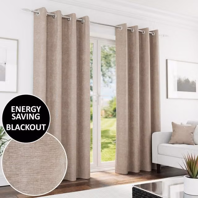 Knightsbridge Sand Blackout Eyelet Curtains, Thermal Insulating, Width: 274 cm, Height: 229 cm