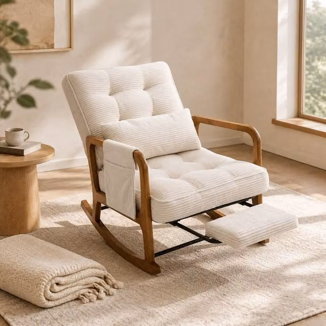 STILVORA Beige Rocking Chair with Adjustable Backrest, Footrest and Armrests featuring a Solid Wood Frame