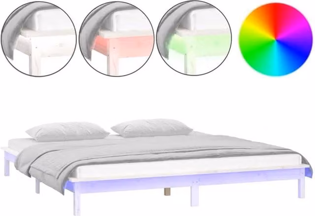 Berkfield Home White Solid Wood Double Bed Frame with LED Under-Bed Lighting and USB Charging Port, W: 135 cm, L: 190 cm – 1