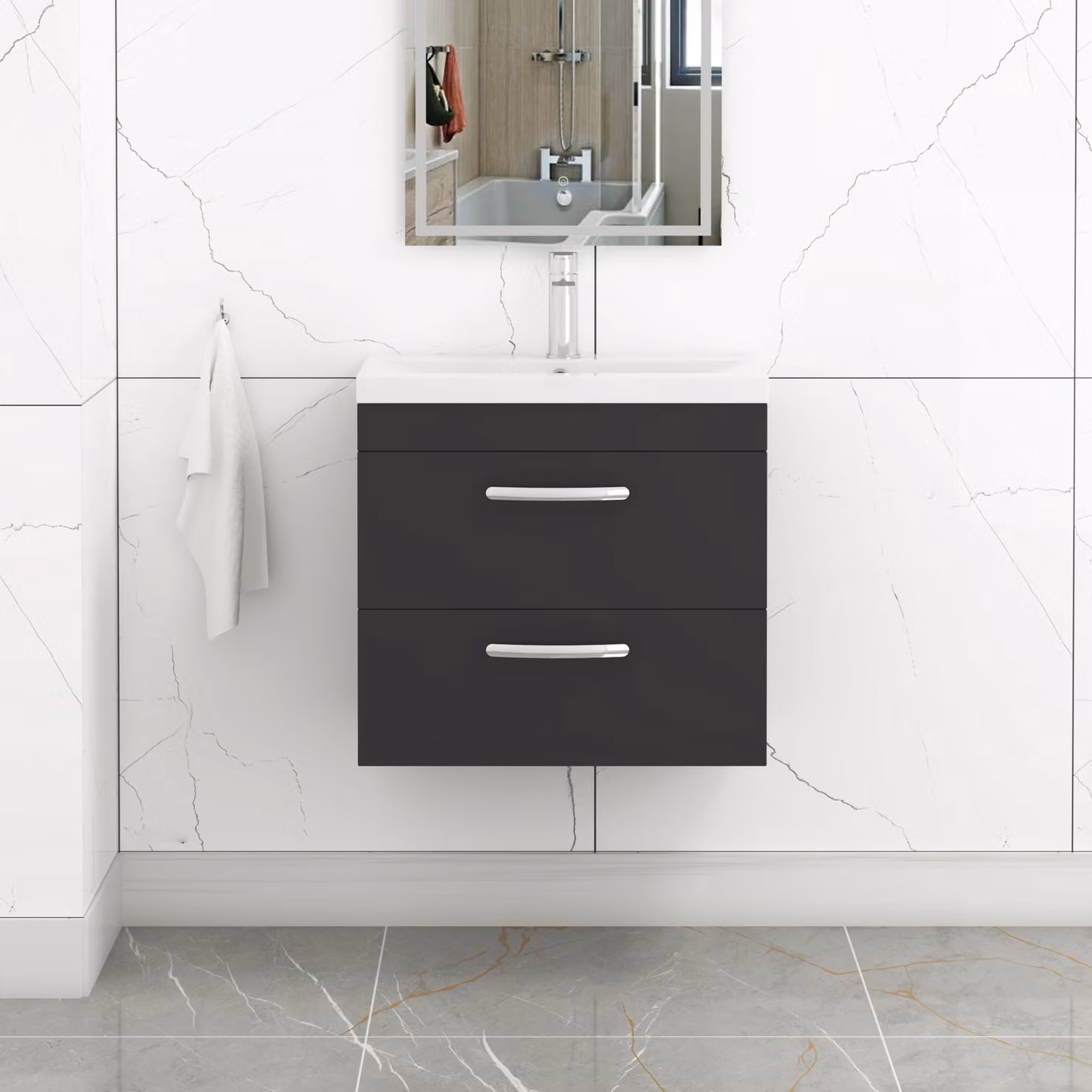 Royal Bathrooms Turin 600mm Matt Black Wall Hung Vanity Unit with 2 Drawers and Mid-Edge Basin
