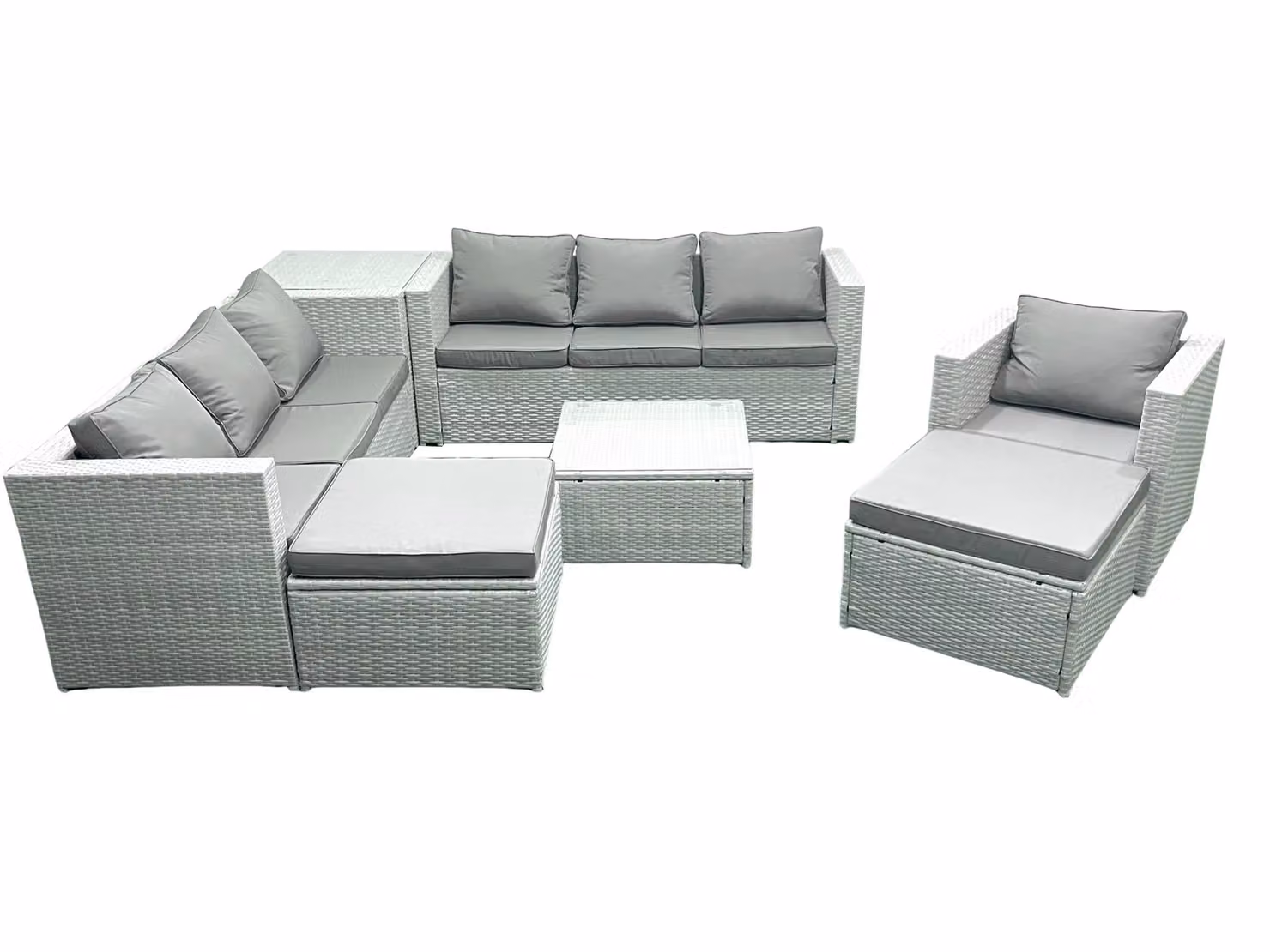 Fimous Wicker PE Rattan Garden Furniture Set in Light Grey with Armchair, Square Coffee Table, 2 Big Footstools and Side Table – 2