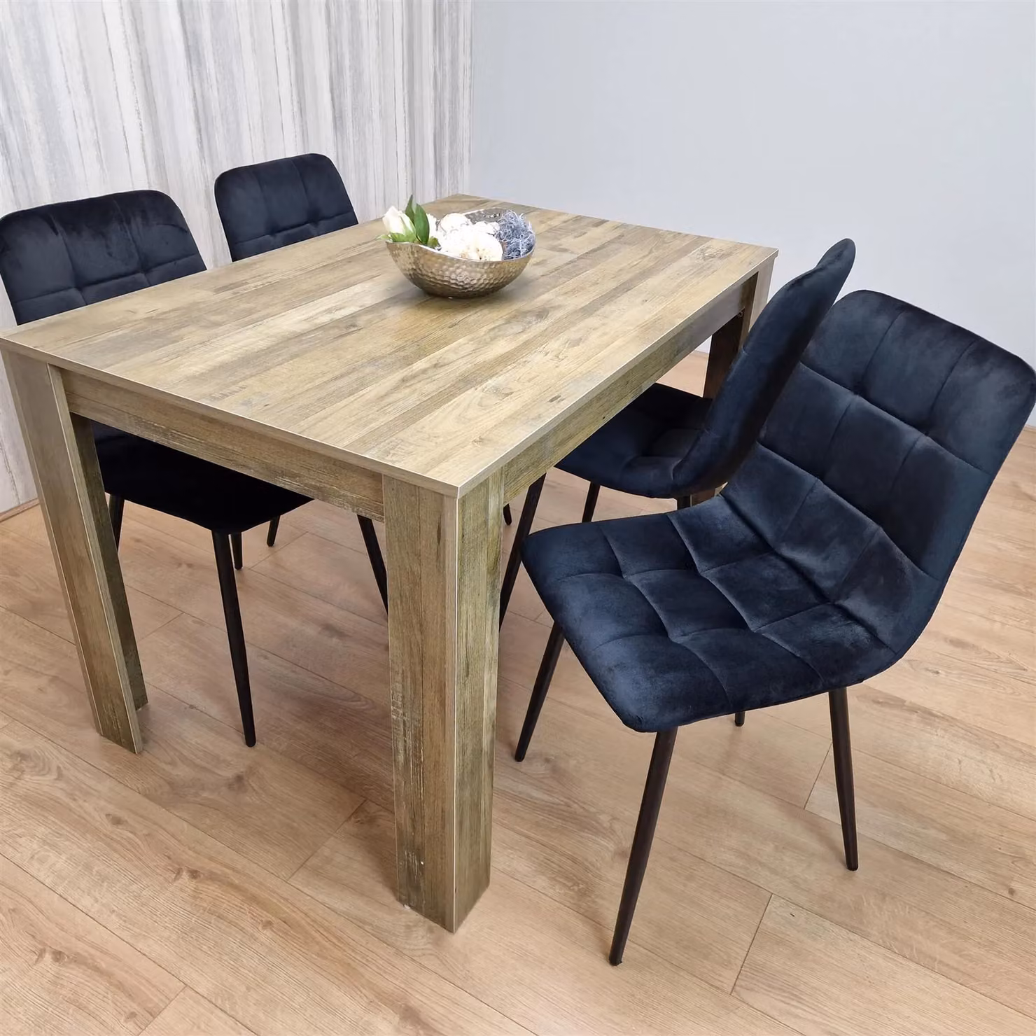 KOSY KOALA Rustic Effect 4 Seater Dining Set with Rectangular Brown Table and 4 Black Velvet Chairs – 2