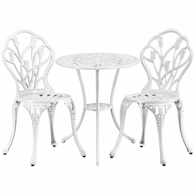 Yaheetech Retro Floral Outdoor Bistro Set with Umbrella Hole in White Glossy Metal