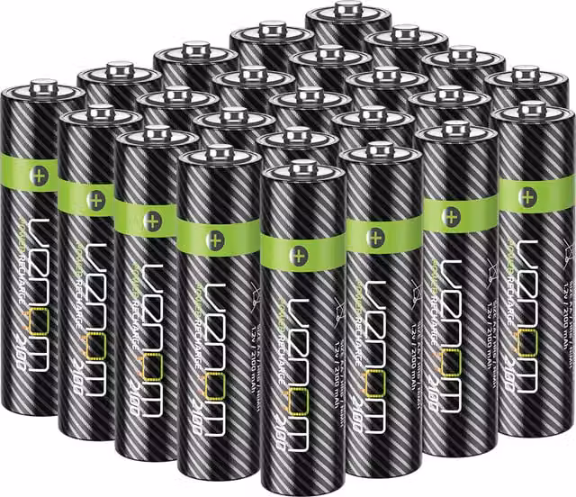 Venom 2100mAh High Capacity Rechargeable AA Batteries, 24 Pack, Black